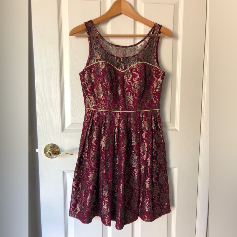 Minuet Burgundy and Gold Lace Mini Dress